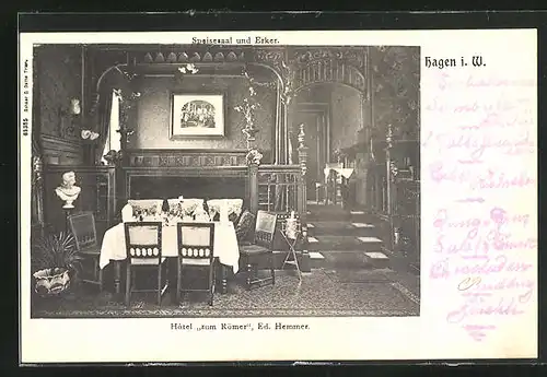 AK Hagen i. W., Hotel zum Römer, Speisesaal und Erker