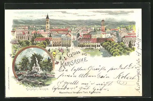 Lithographie Karlsruhe, Nymphen-Gruppe, Gesamtansicht der Stadt