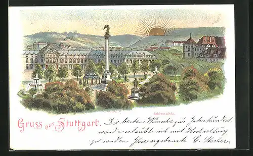Sonnenschein-AK Stuttgart, Schlossplatz am Morgen