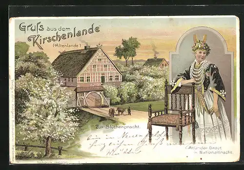 Lithographie Jork, Kirschenland, Zur Blütenpracht, Altländer Braut in Nationaltracht
