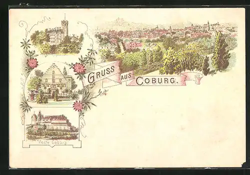 Lithographie Coburg, Veste Coburg, Rathaus, Gesamtansicht, Frühe Litho
