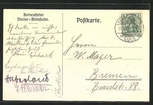 Lithographie Berncastel, Gasthaus Doctor Weinstube, Terrasse, Speisesaal, Wappen