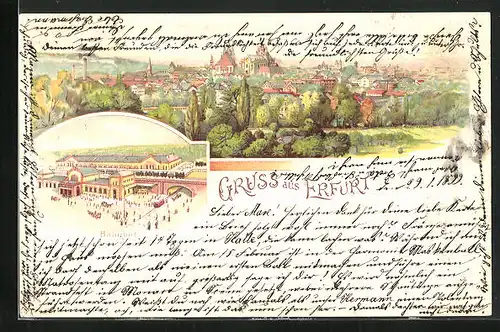 Lithographie Erfurt, Bahnhof und Gesamtansicht der Stadt