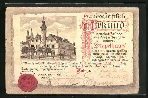 Lithographie Köln, Hotel Stapelhaus, Urkunde mit Siegel