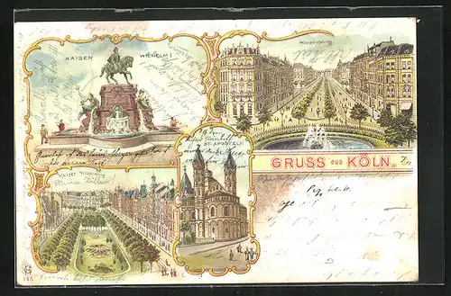 Lithographie Köln, Hohenstaufenring mit Fontäne, Kaiser Wilhelm I., St. Aposteln