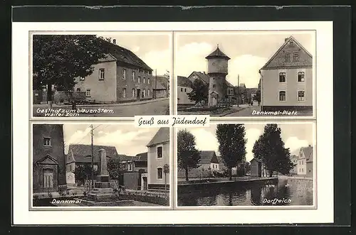 AK Jüdendorf, Gasthaus zum blauen Stern, Denkmal-Platz, Dorfteich