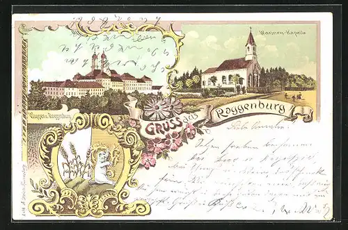 Lithographie Roggenburg, Wappen der Ortschaft, Wannen-Kapelle