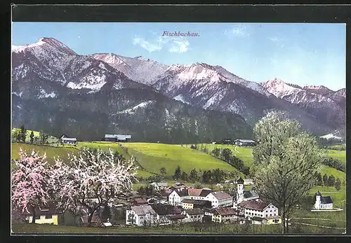 AK Fischbachau, Häuser mit Kirschblüten und Bergen