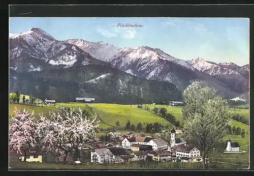 AK Fischbachau, Ortsansicht zur Zeit der Baumblüte