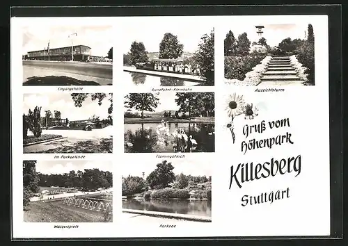 AK Stuttgart, Höhenpark Killesberg, Rundfahrt-Kleinbahn, Aussichtsturm