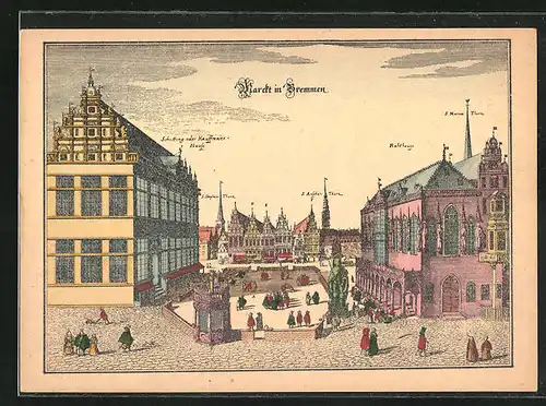 Künstler-AK Bremen, Alte Ansicht von Markt und Rathaus nach Merian