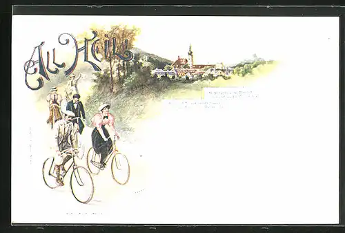 Lithographie Heiligenkreuz, Ortspartie mit Kirche und Radfahrern