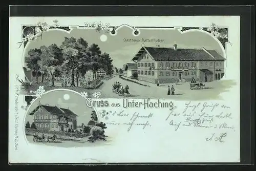 Mondschein-Lithographie Unter-Haching, Gasthaus Rattenhuber