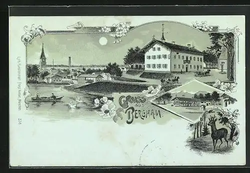 Mondschein-Lithographie Bergham, Ortspartie mit Fluss, Gebäudeansicht
