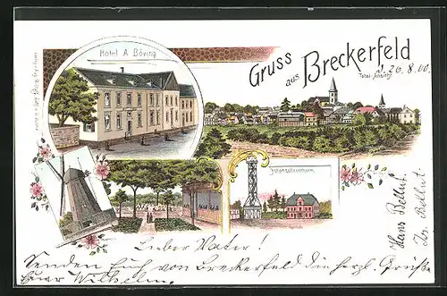 Lithographie Breckerfeld, Hotel A. Böving, Windmühle, Hohenzollernthurm