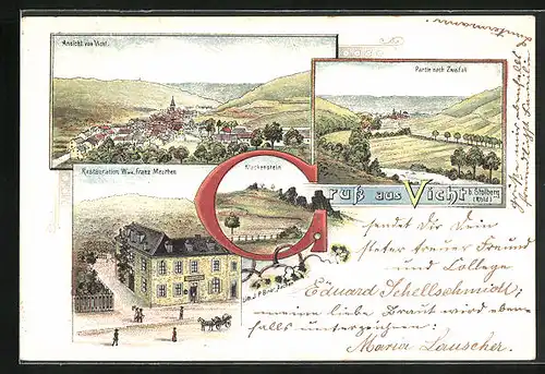 Lithographie Vicht, Restaurant Wwe. Franz Meuthen, Kluckenstein, Totalansicht