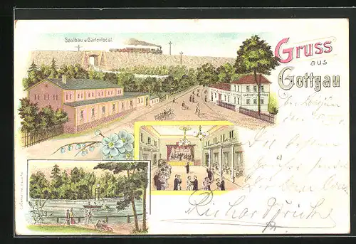Lithographie Gottgau, Mühle u. Gasthaus, Saalbau und Gartengasthaus