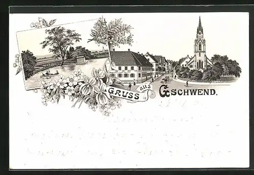 Lithographie Geschwend, Strassenpartie mit Gasthaus z. Krone, Kirche