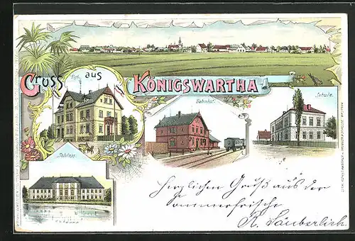 Lithographie Königswartha, Bahnhof, Schule, Post