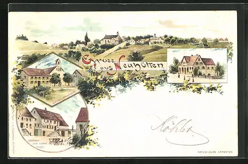 Lithographie Neuhütten, Gasthof zur Sonne, Kirche u. Pfarrhaus, Panorama