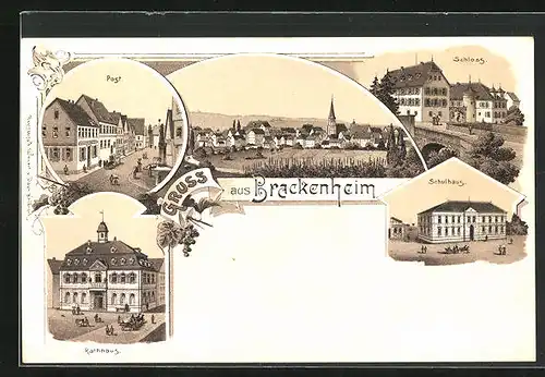 Lithographie Brackenheim, Post, Schloss, Schulhaus