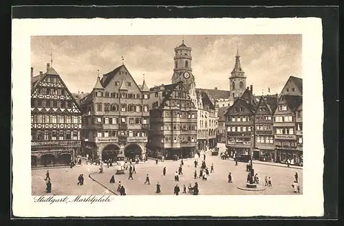 AK Stuttgart, Marktplatz mit Bürgern beim Einkaufen