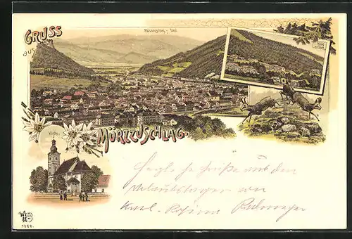 Lithographie Mürzzuschlag, Hotel Lambach, Kirche, Totalansicht
