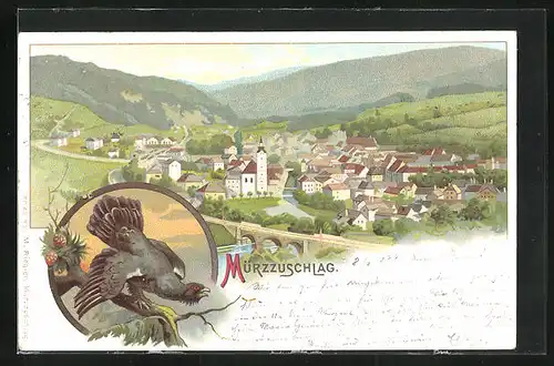 Lithographie Mürzzuschlag, Totalansicht mit Viadukt, Auerhahn