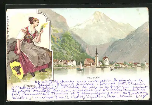 Lithographie Flüelen, Teilansicht, Urnerin mit Wappen