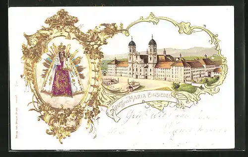 Lithographie Einsiedeln, Maria Einsiedel, Blick zum Kloster, Gnadenbild