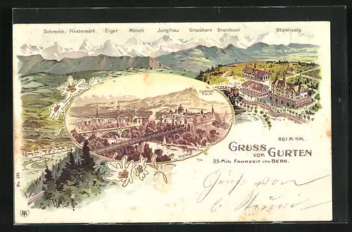 Lithographie Bern, Hotel mit Eiger, Mönch und Jungfrau, Teilansicht mit Eisenbahnbrücke und Gurten-Kulm