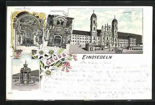 Lithographie Einsiedeln, Kloster, Chor, Gnadenkapelle