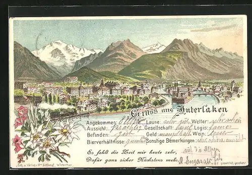 Lithographie Interlaken, Teilansicht mit Brücke