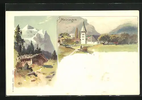 Künstler-AK Meiringen, Ortspartie, Holzhaus mit Bergen