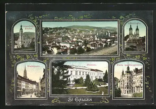 AK St. Gallen, Museum, Stiftskirche, Partie am Burggraben
