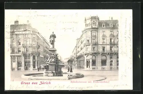 AK Zürich, Bahnhofstrasse mit Escherdenkmal