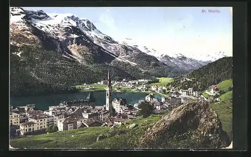 AK St. Moritz, Panorama am See mit Bergen