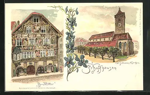 Lithographie Schaffhausen, Gasthaus zum Ritter, St. Johanns Kirche