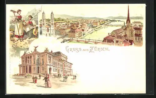 Lithographie Zürich, Rathaus und Flusspartie in der Stadt