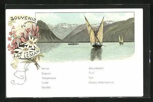 Lithographie Lac Léman, Segelboot mit Bergkulisse, Dampfer