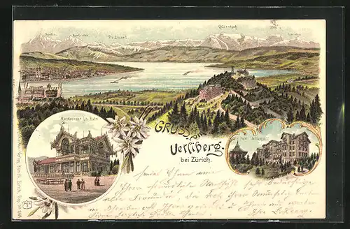 Lithographie Zürich, Restaurant Uto Kulm, Hotel Vetliberg, Panorama mit Bergen und See