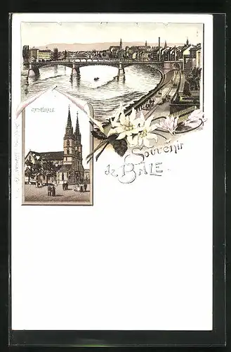 Lithographie Basel, Cathedrale, Promenade an der Brücke