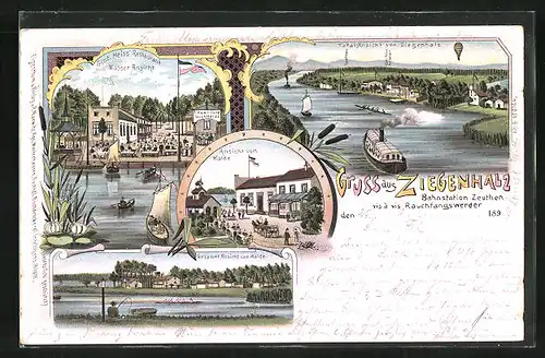 Lithographie Zeuthen, Gasthaus Ziegenhalz, Flusspartie mit Dampfer