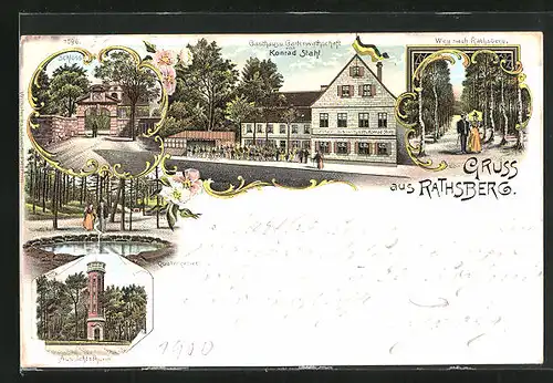 Lithographie Rathsberg, Gasthaus und Gartenwirtschaft, Quellengebiet, Aussichtsturm