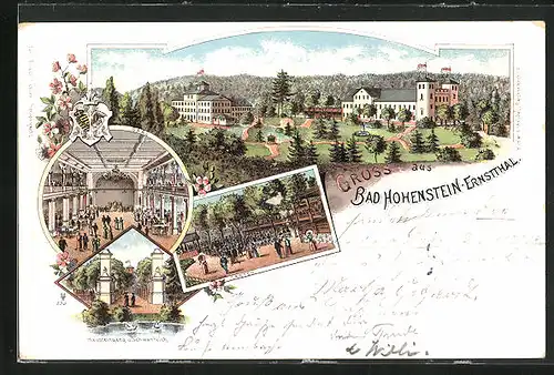 Lithographie Bad Hohenstein-Ernstthal, Hotel mit Tanzsaal, Gartenpartie, Schwanenteich