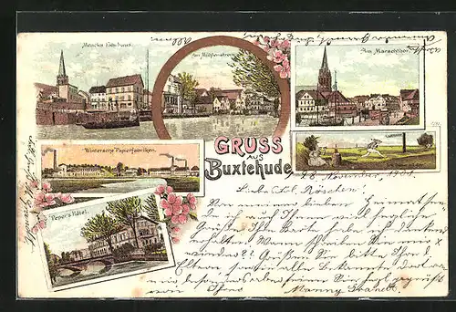 Lithographie Buxtehude, Pepers Hotel, Wintersche Papierfabrik, Am Marschthor