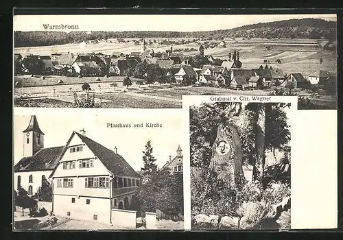 AK Warmbronn, Pfarrhaus und Kirche, Grabmal v. Chr. Wagner
