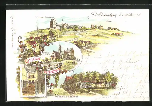 Lithographie Petersberg / Halle a. S., Gasthof Wehde, Kirche, Inneres der Kirche
