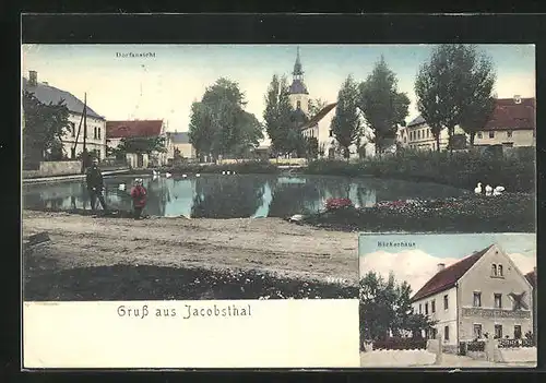 AK Jacobsthal, Bäckerhaus, Schwanenteich im Ortskern
