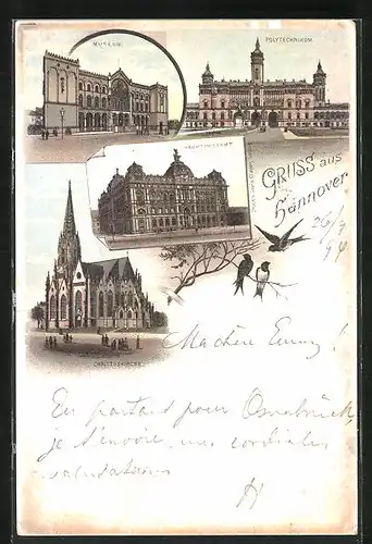 Vorläufer-Lithographie Hannover, 1894, Polytechnikum, Hauptpostamt, Museum